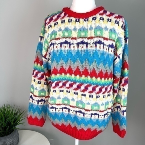 Diane Von Furstenberg Sweater L Multicolor Geometric Knit Pullover Retro Cozy - Picture 4 of 11
